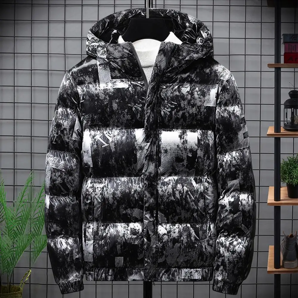 2022 New Shiny Cotton-padded Men's Graffiti Cotton-padded Men's Bread Clothes Fashion All-match Parka Coat Jacket Jacket Men