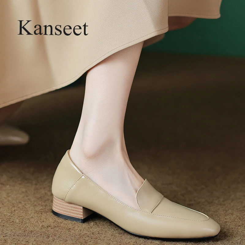 

Новинка 2022, осенняя женская обувь Kanseet из натуральной кожи, лаконичная повседневная обувь ручной работы с квадратным носком на среднем каблуке, абрикосового цвета, большие размеры 42