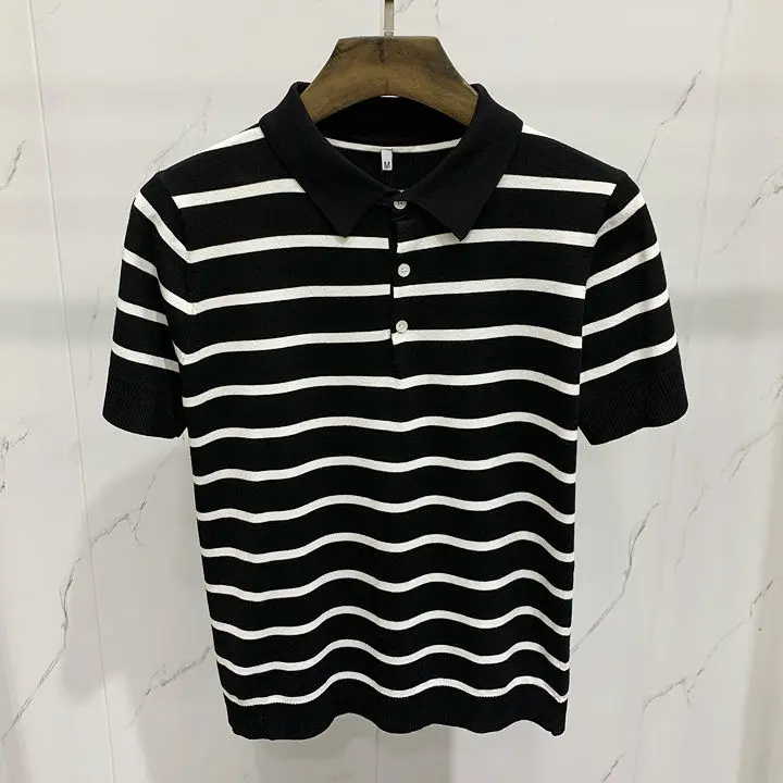 

Мужская трикотажная рубашка-поло в полоску, приталенная Повседневная рубашка-поло с лацканами, модель A44 на лето, 2022