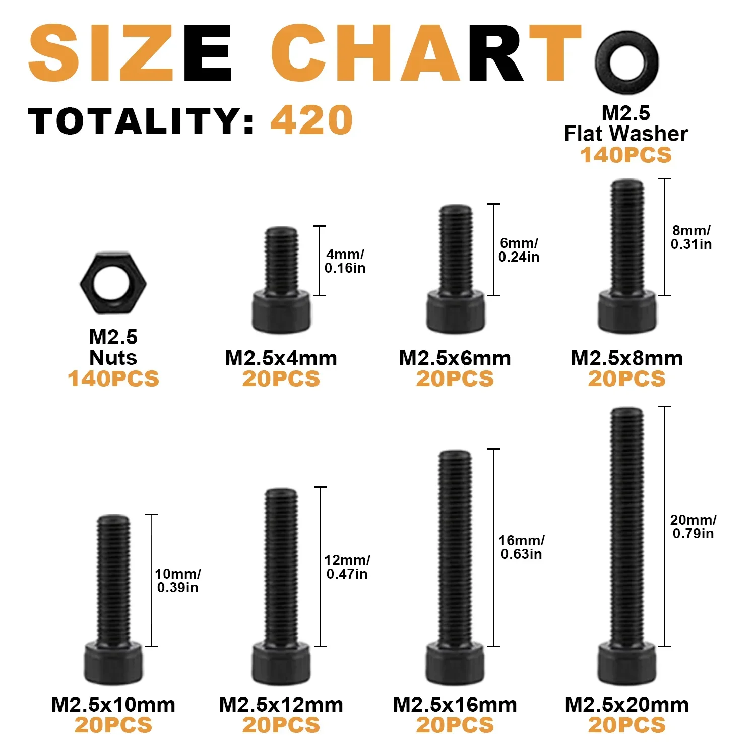 420 шт. винт с шестигранной головкой M2 5x4/6/8/10/12/16/20 мм шайба набор гаек шестигранный