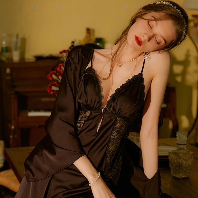 New Sleepwear Women Set Sexy Robe Night Dress Through Backless Camisole Lace Pajamas Nightgown Lingerie Sets Sleep Tops Summer