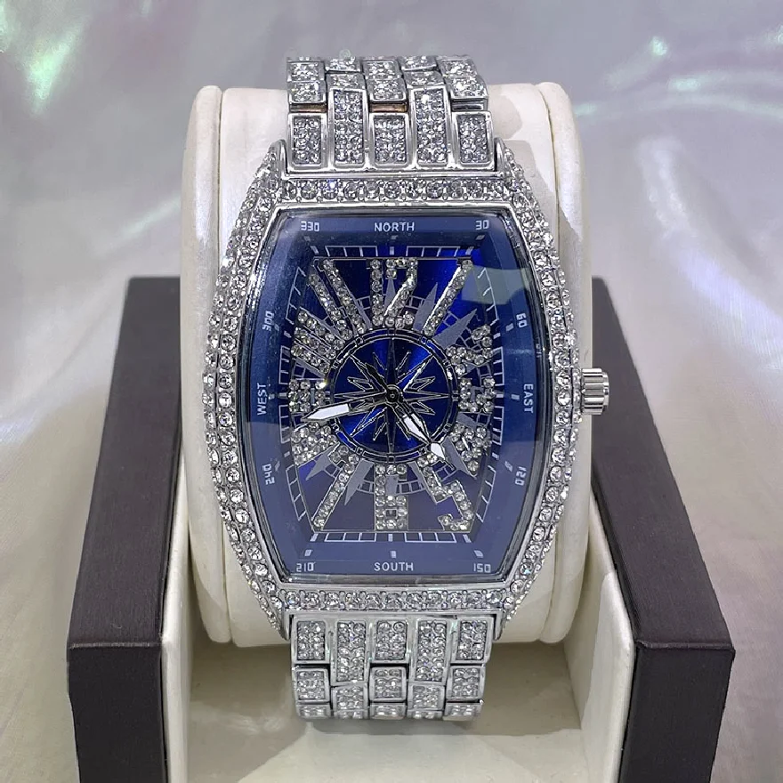 

2022 New MISSFOX Mens Quartz Watch Hip Hop Full Diamond Waterproof Wristwatch Luminous Pointer Digital Fashion Square Male Clock