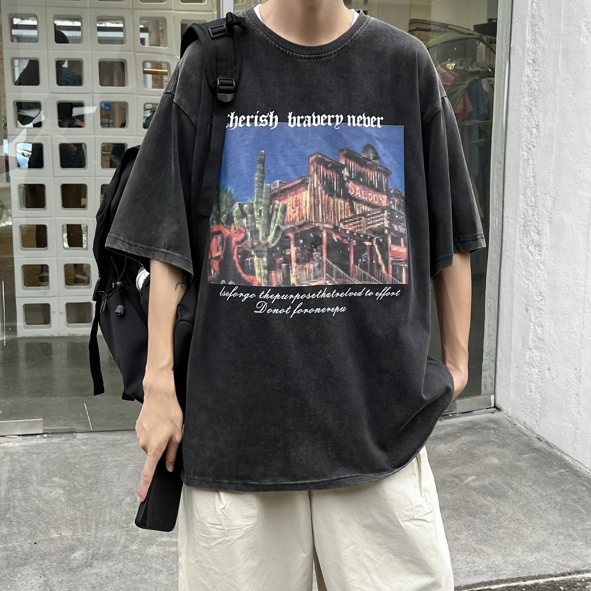 

New Graffiti Print Short Sleeve Hip Hop Oversized Tshirt Men Women Denim Vintage American Summer Couple Harajuku Streetwear Tops