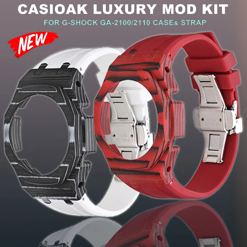 For Casioak GA2100 Carbon Fiber Mod Kit Metal Luxury Wristband Modified Watch Strap Case+Rubber Strap GA2110 GAB2100