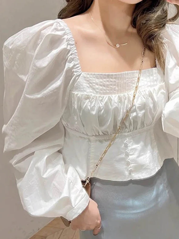 

2022 Spring Summer Square Collar Puff Sleeve Stripe Women Blouse Elegant Office Lady Japan Style Sweet Short Shirt Tops