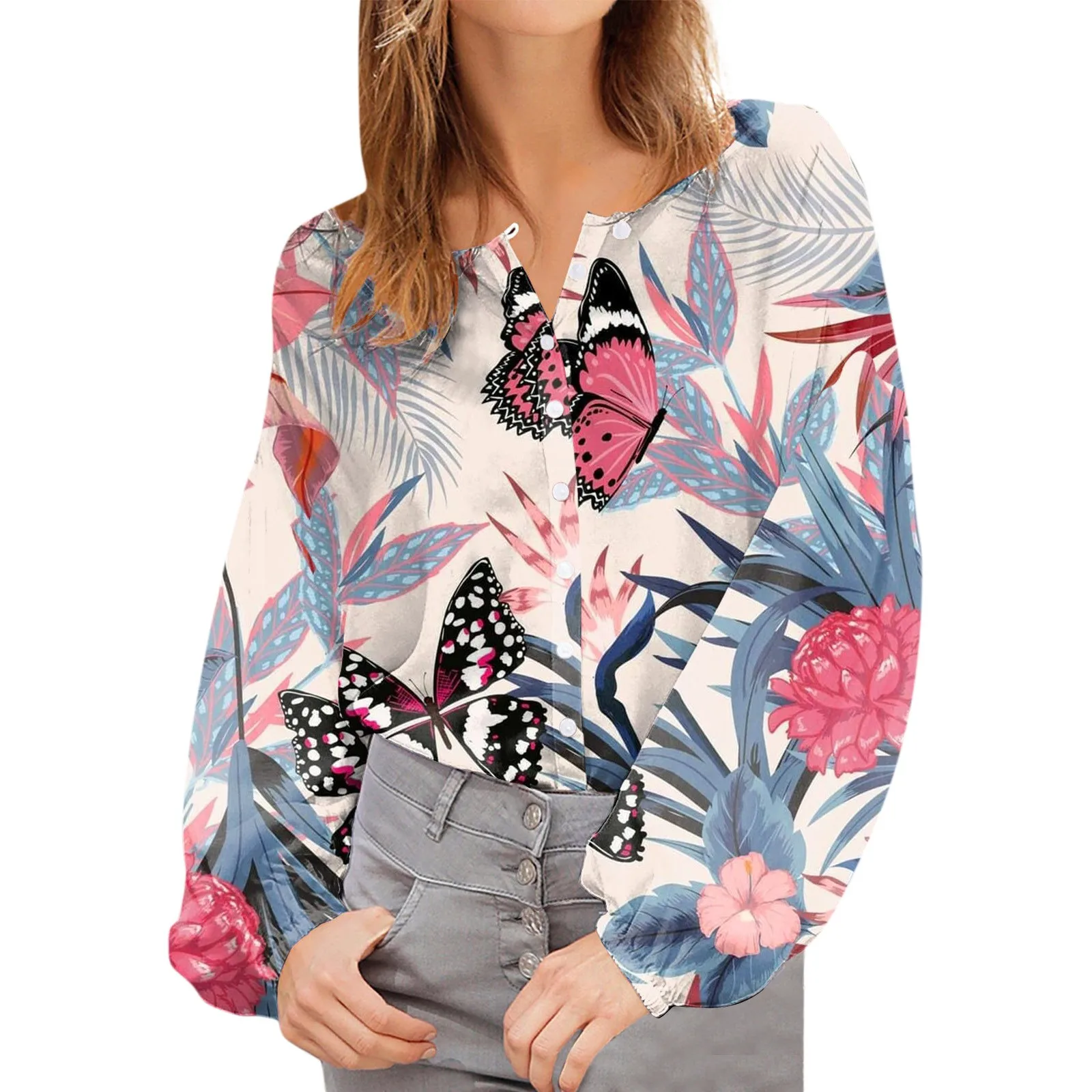 

2023 Women's New Casual Loose Bubble Sleeve Fashion Butterfly Flower Leaf Printing Shirt For Woman Tunics Streetwear Pullovers