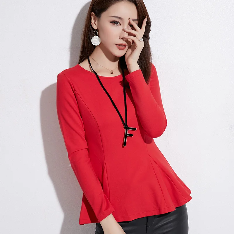 

Fashion Feminine Blouses Ladies Korean Style Black Shirt Female Spring New Arrival Long Sleeve Round Neck Ruffle Womens Red Tops
