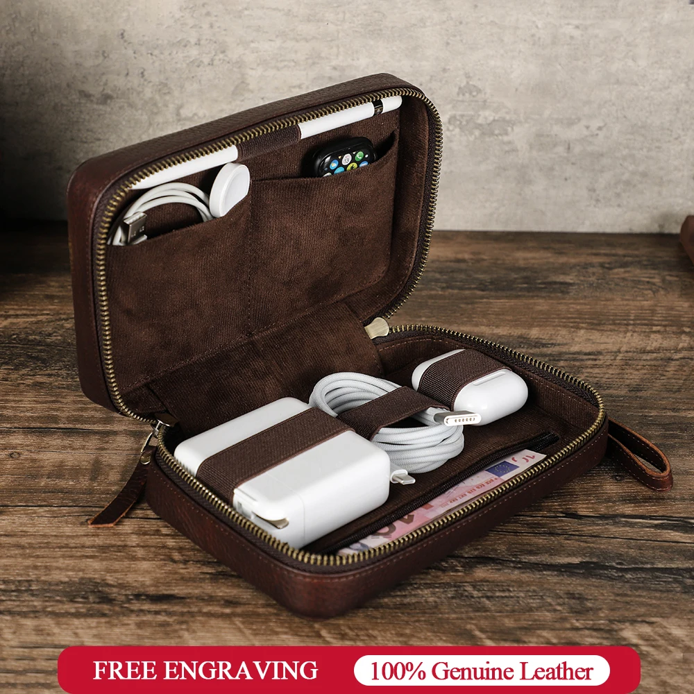 

Genuine Leather Electronic Organizer Box Portable Data Cable Earphone Case Electronic Accessories Gadgets Digital Storage Bag