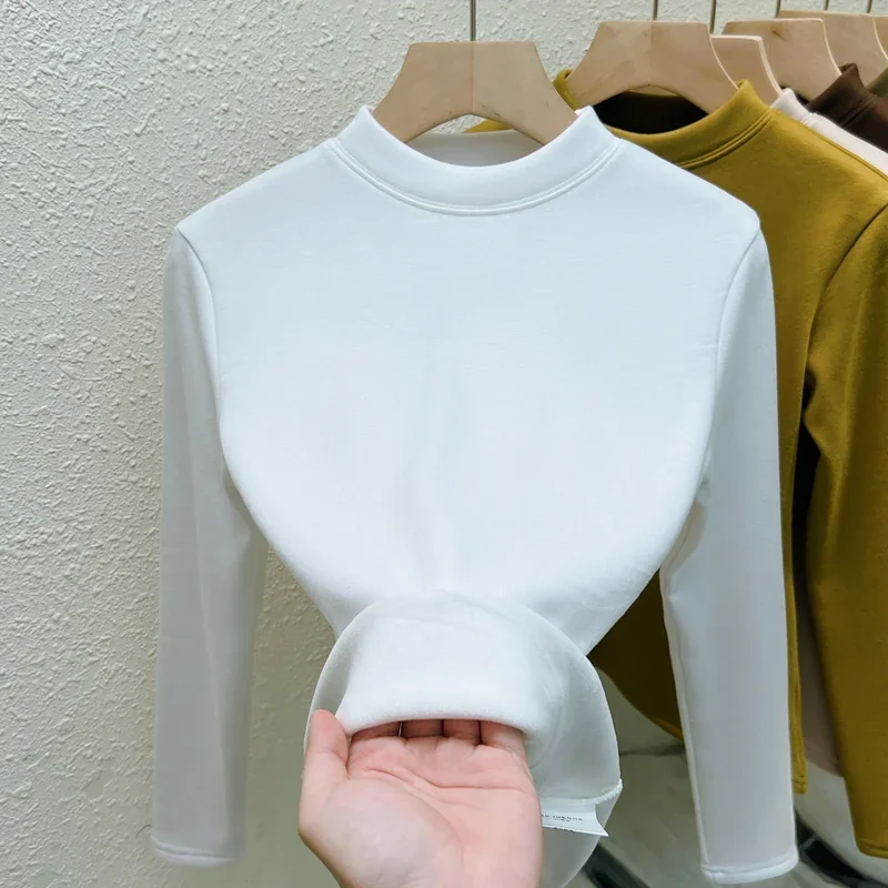 Модная женская блузка с воротником-стойкой белая бархатная утепленная длинным