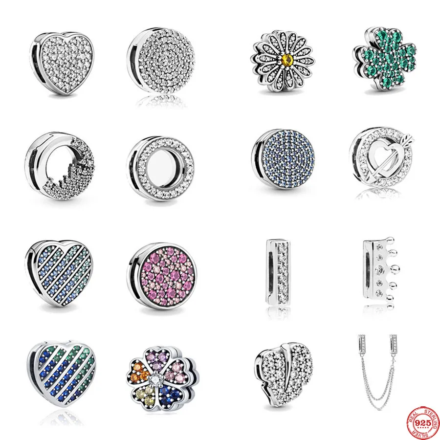 925 Серебряный клевер сердце круглые отражения клип бусины шармы подходят оригинальным женским браслетам DIY аксессуарам.