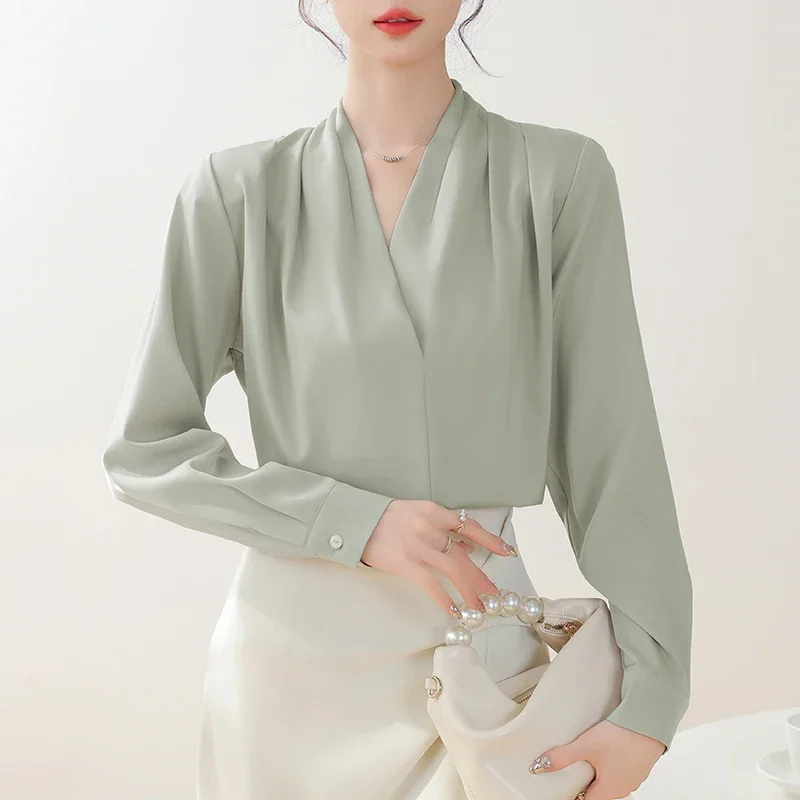 Новая женская блузка с v-образным вырезом белая офисная длинным рукавом рубашка