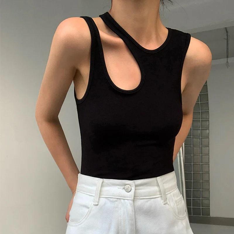 

Casual y2k White Cut Out Women's T Shirt Sleeveless Slim T Shirts Female Clothing 2022 Summer Fashion crop top women camisetas