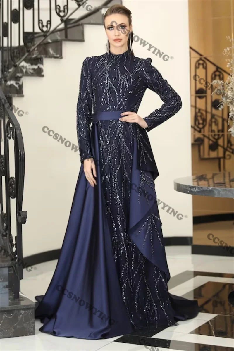 

Luxury Appliques Beaded Muslim Evening Dresses Long Sleeve Islamic Formal Party Gowns High Neck Women Arabic Robes De Soirée
