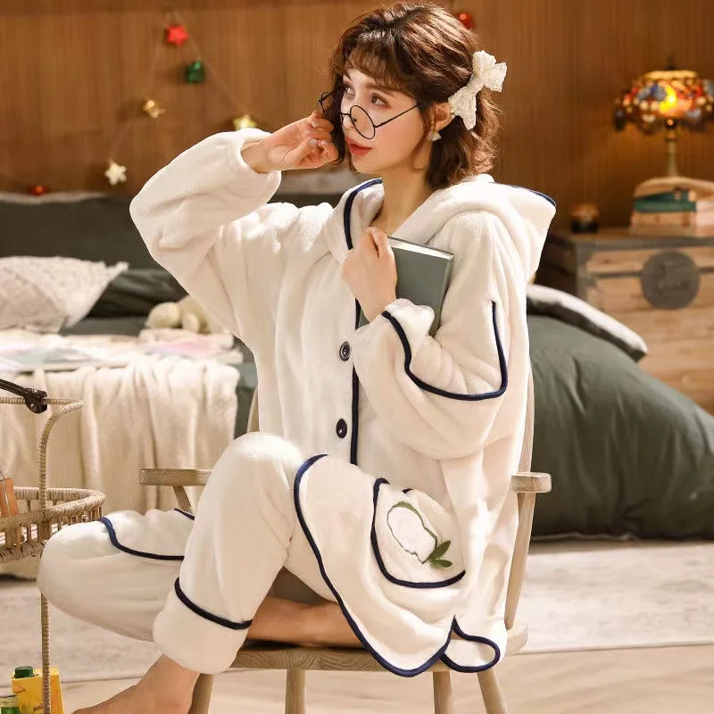 

Women Winter Flannel Pajama Set Thick Warm Sweet Cute Nightgown Suit Long Sleeve Trousers Pijama Female Homewear