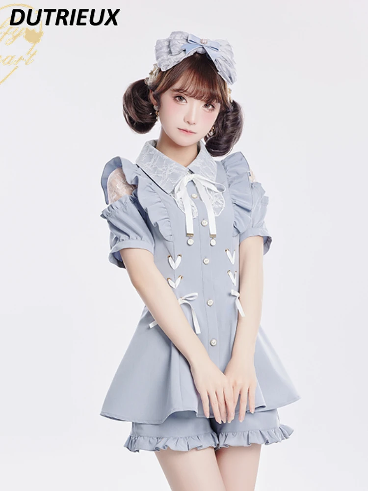 

Lolita Japanese Girl Lace Dress Shorts Suit Polo Collar Short-Sleeve Shirt Dress Casual Shorts Set Sweet Summer Two-Piece Sets