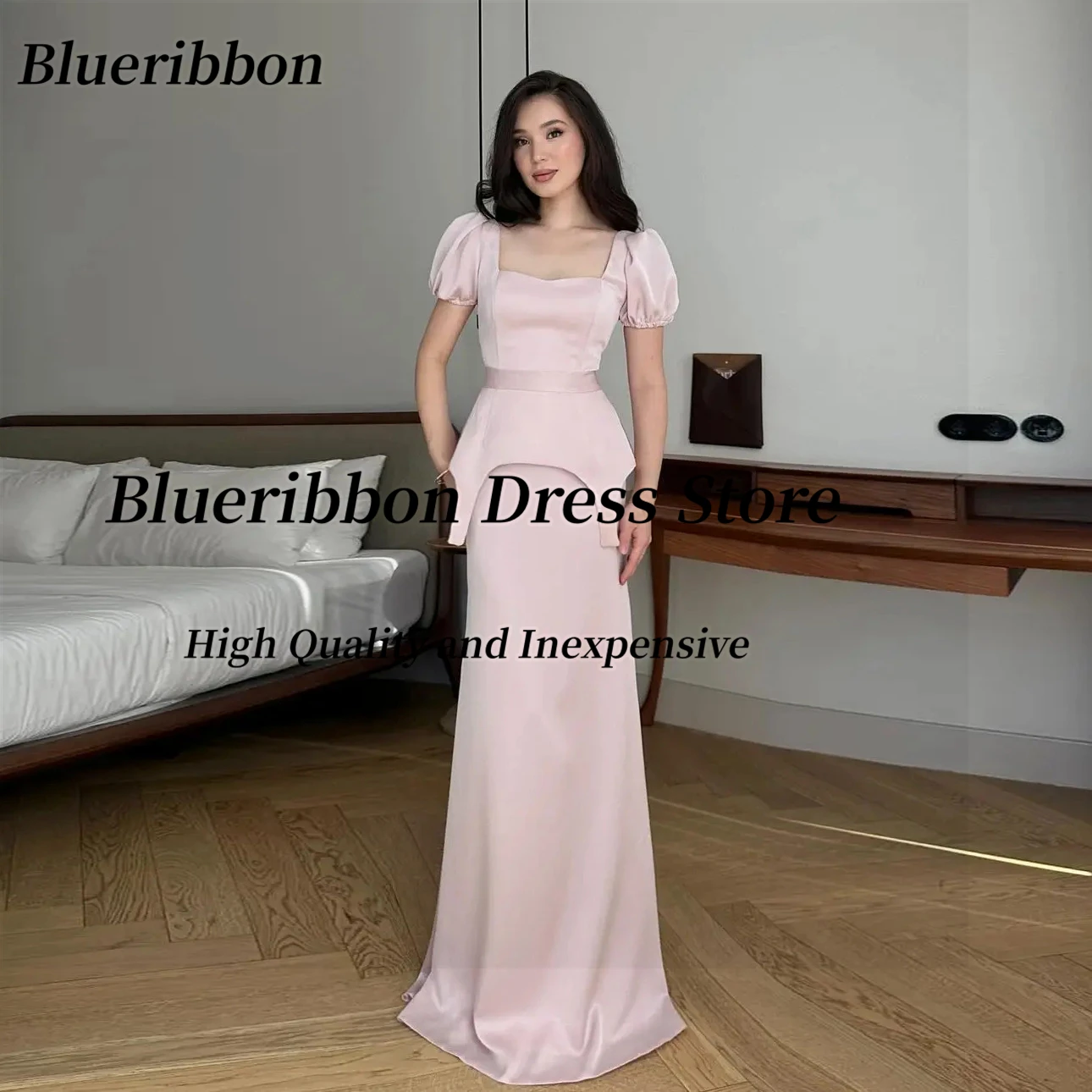 Blueribbon Square Neck Prom Dresses Short Sleeves Detachable Sash Evening Gowns Customized Lace Up Back платье женское вечернее