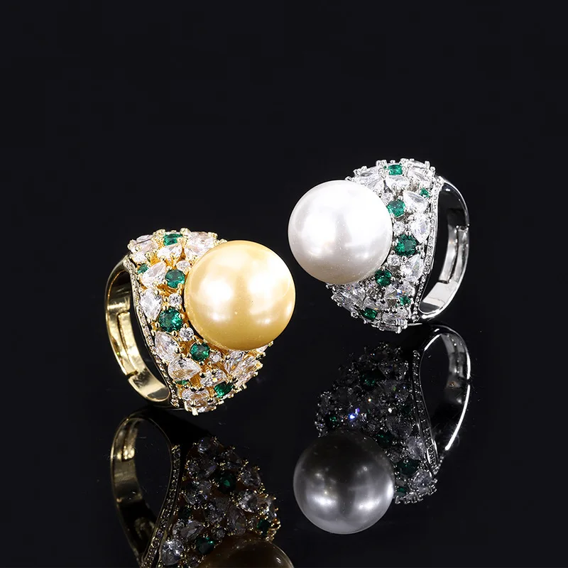 

2022 New Designer Engagement Rings for Women Fancy Jewelry Big Pearl Shiny Crystal Ring Wedding Anniversary Birthday Gift