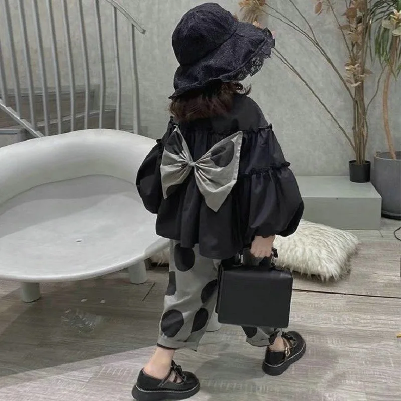 

Girls' Suit Big Bow Bubble Sleeve Top with Wave Point Trousers 2022 Spring New Style
