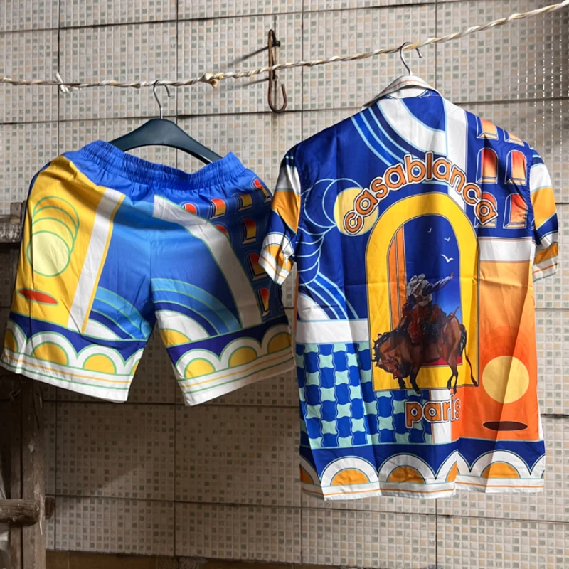 

Новые реальные фотографии теннисные Спортивные рубашки Касабланка рыцарские цветные блокирующие принты Топы с коротким рукавом 3XL для мужчин и женщин гавайская рубашка