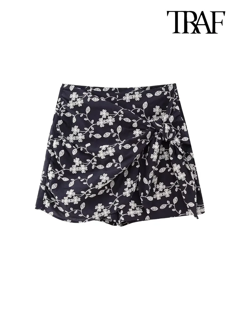 

TRAF Women Fashion Front Knotted Embroidery Shorts Skirts Vintage High Waist Side Zipper Female Skort Mujer