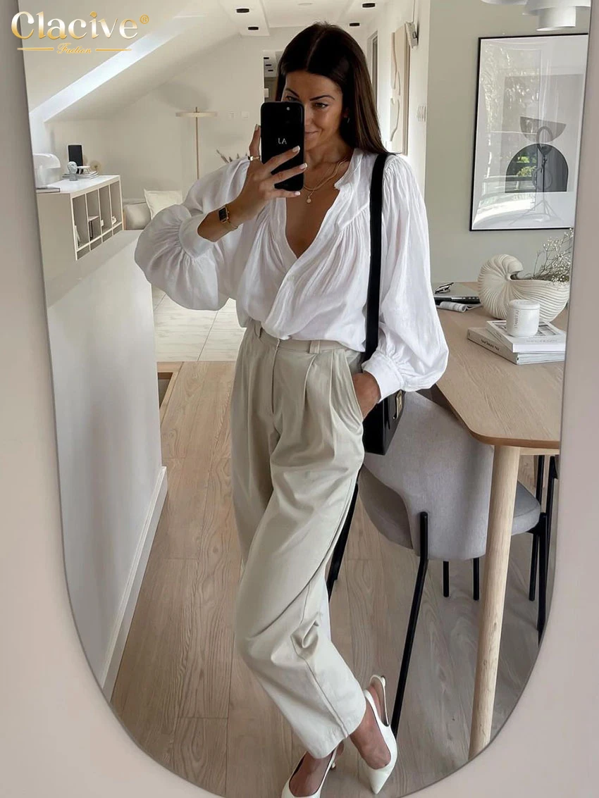 Clacive повседневная свободная белая хлопковая женская блузка 2025 модная рубашка с