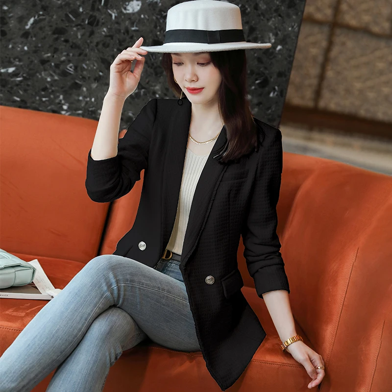 Spot wholesale black hooded suit coat (female) autumn 2022 new small Korean loose casual double breasted suit trendy top