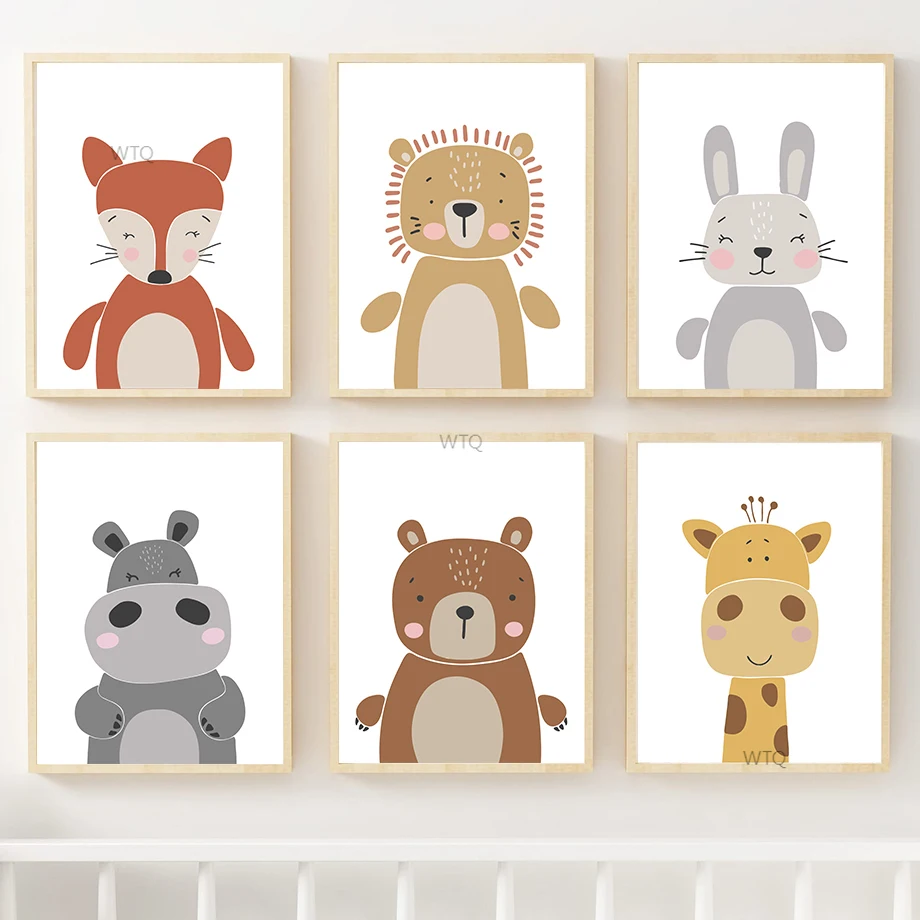 

Cartoon Jungle Animals Lion Fox Rabbit Giraffe Wall Art Canvas Painting Nordic Posters And Prints Wall Pictures Kids Room Decor