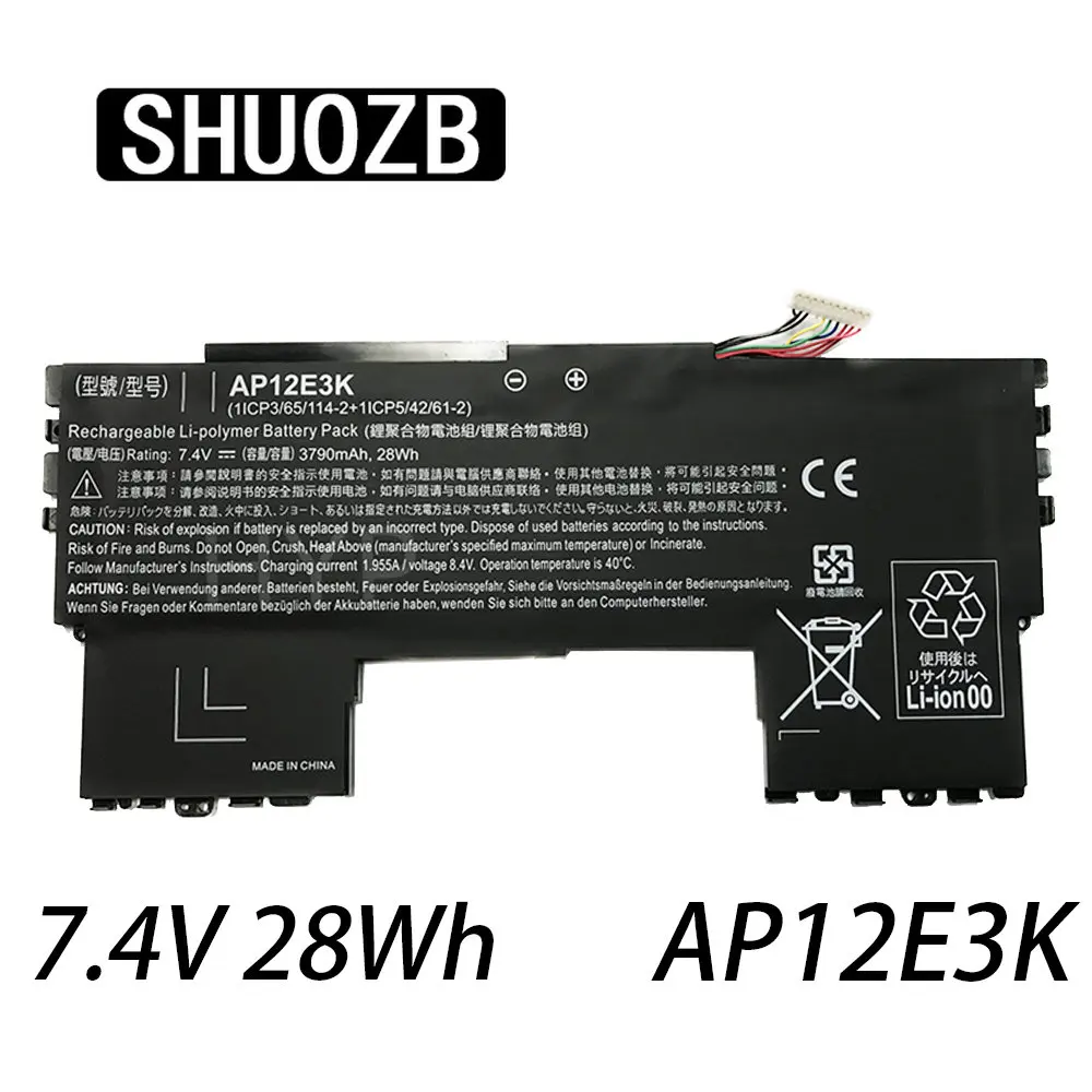 Аккумулятор SHUOZB AP12E3K для ноутбука Acer Aspire S7 S7-191, ультрабук 11 дюймов, 1/CP3/65/114-2 1/CP5/42/61-2 AP12E3K, 7,4 В, 28 Вт/ч, 3790 мАч