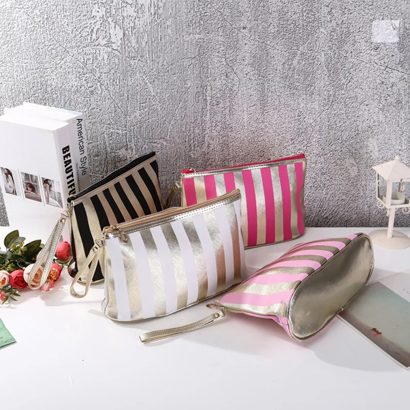 

Dhl50 шт. Женская водонепроницаемая переносная косметичка из искусственной кожи с золотыми полосками в форме подушки