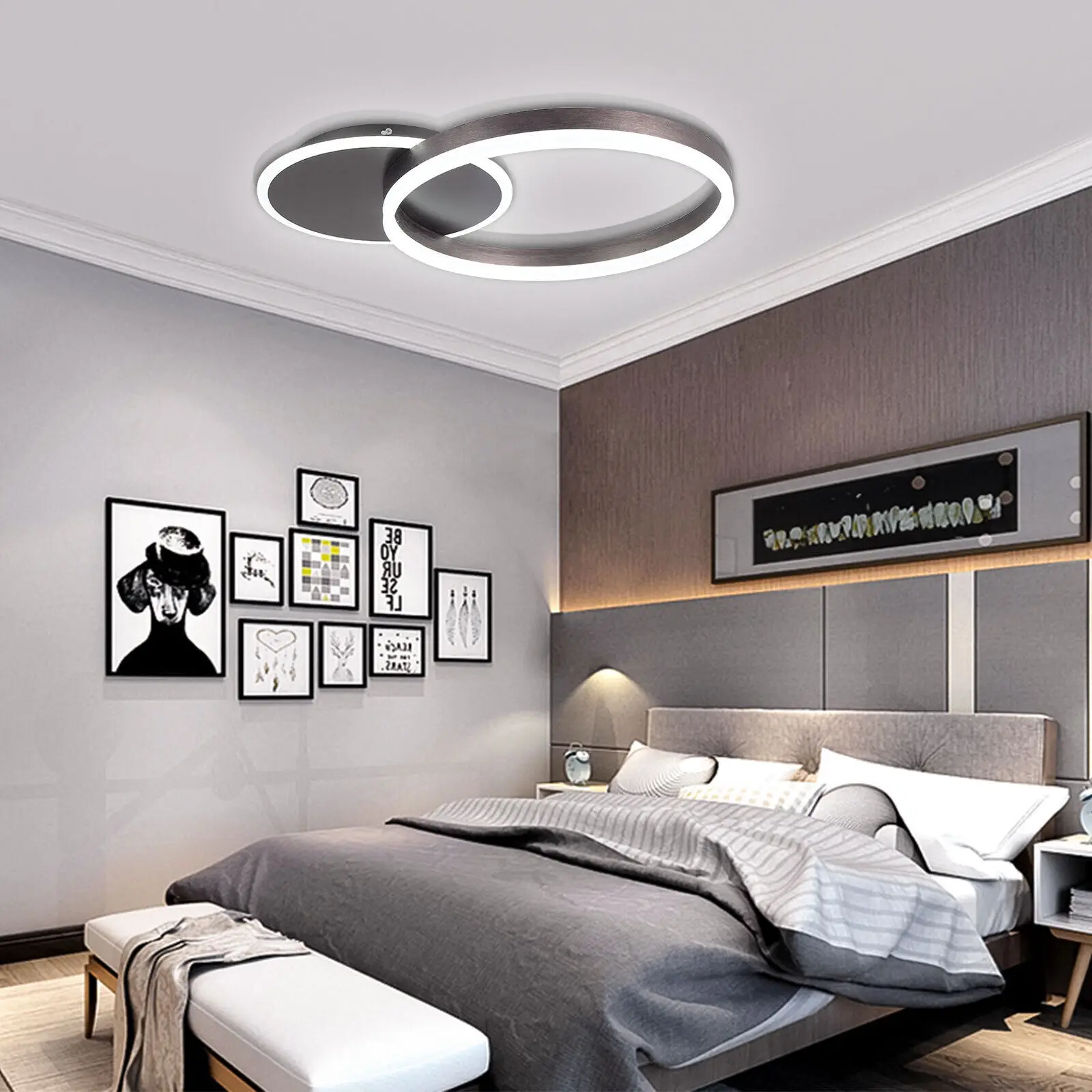 

Modern LED Chandelier Round Ceiling Light Indoor Bedroom Flush Mount Dimmable 2 Circle Rings Pedant Lamp w/Remote Control 48W