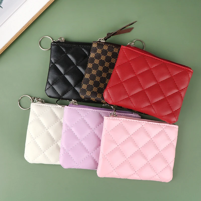 

1pc Women PU Leather Zip Coin Wallet Key Chain Fashion Small Purse Money Designer Diamond Pattern Short Change Pouch Coin Purse
