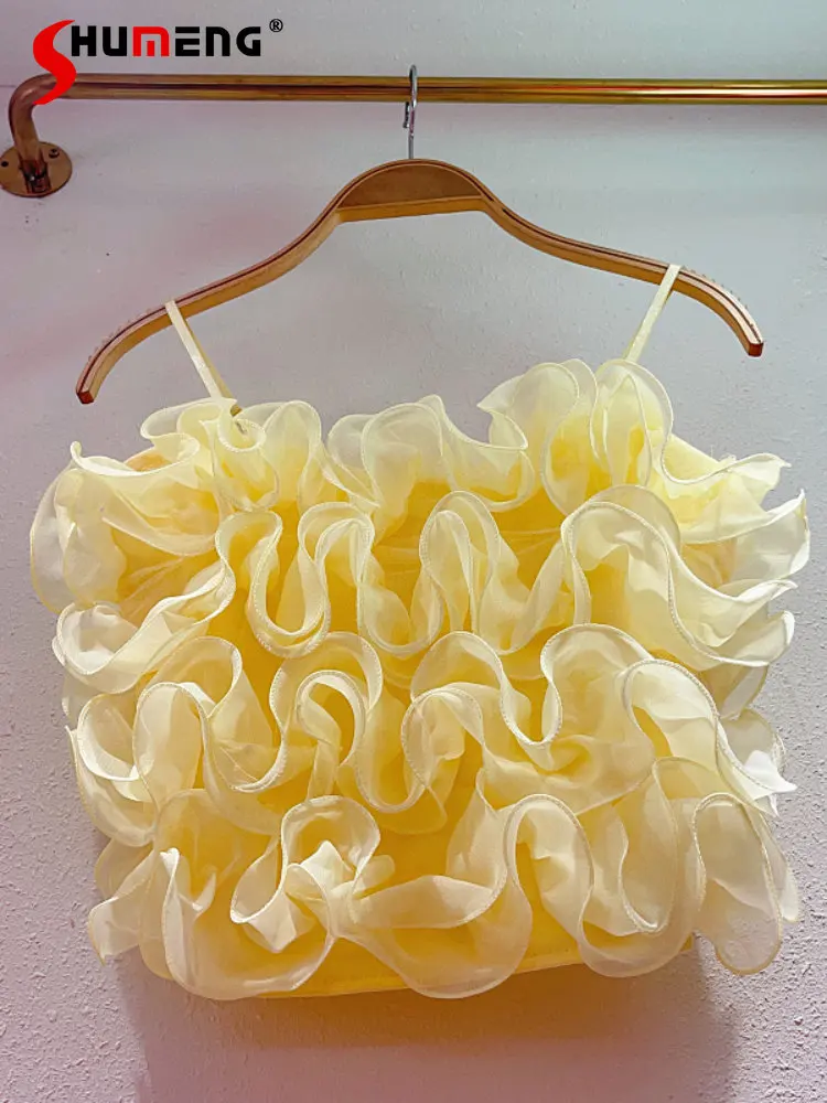 

Summer Sweet Spaghetti-Strap Chiffon Ruffles Sling Vest Top Female 2023 New Sexy Women's Sleeveless Slim Fit Bottoming Tube Tops