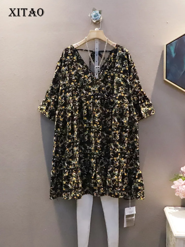 

XITAO Floral V-neck Chiffon Dress Fashion Vintage Korea Loose Large Size Gentlewoman Minority New Arrival Women WLD7628
