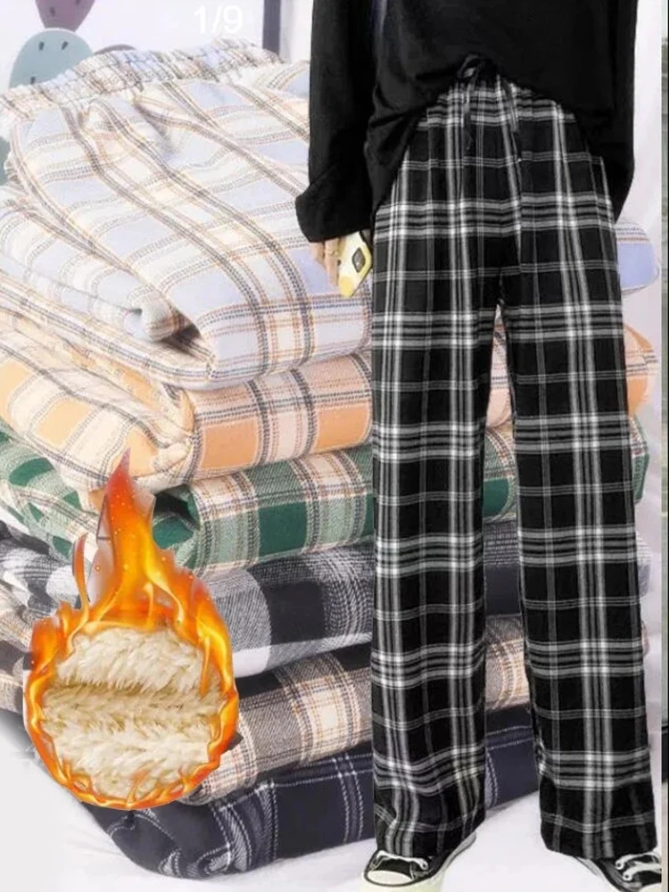 

Брюки женские зимние с бархатной подкладкой, теплые Прямые повседневные свободные брюки с широкими штанинами в стиле Харадзюку, уличная одежда в стиле хип-хоп