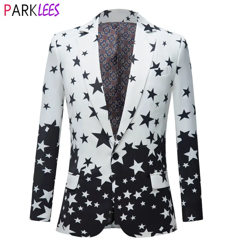 Stylish Star Print Tuxedo Blazer Men 2022 Brand One Button Notch Lapel Suit Blazer Jacket Mens Wedding Party Stage Costume Homme