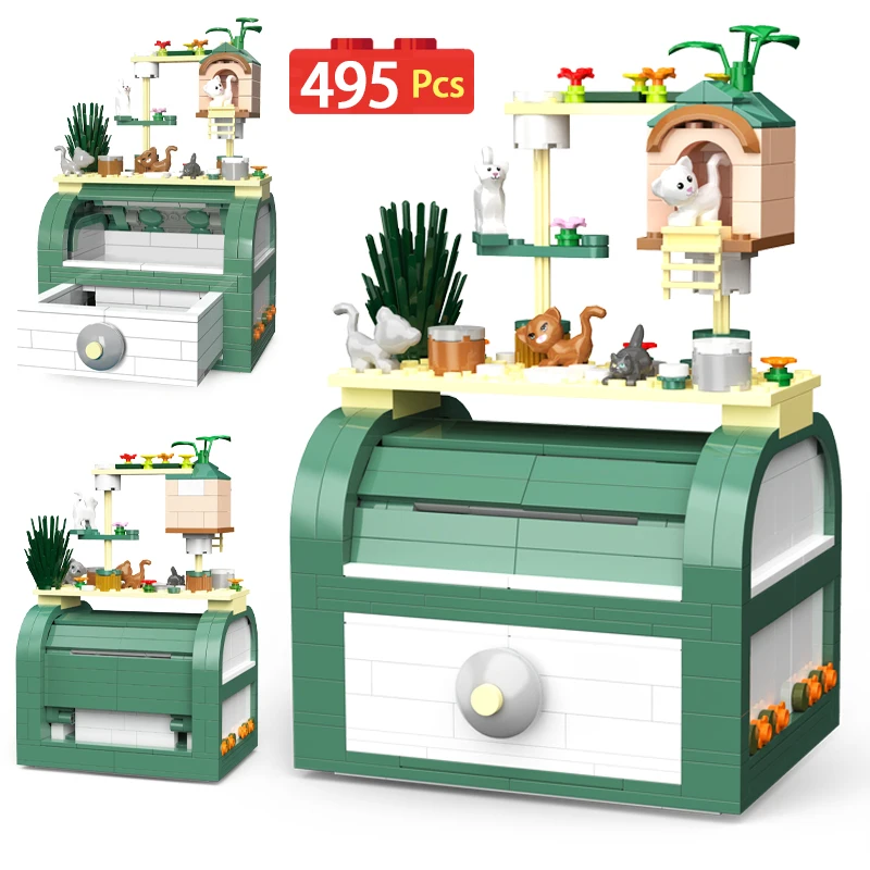 

Mini Friends City Bear Ring Cat Box Swan Love Treasure Chest Building Blocks Gift Box Desktop Decorations Bricks Toys for Girls
