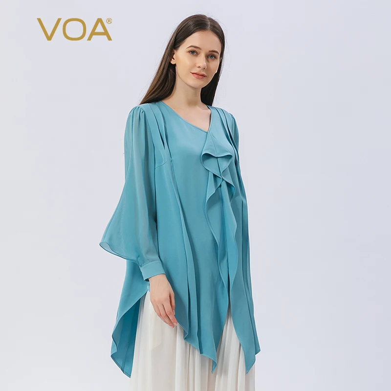 

VOA Elegant Ruffles V-Neck Solid Silk Tops Simple Shirt Long Sleeve Blue Woman Tshirts Thick Medium Length T Shirts Women BE883