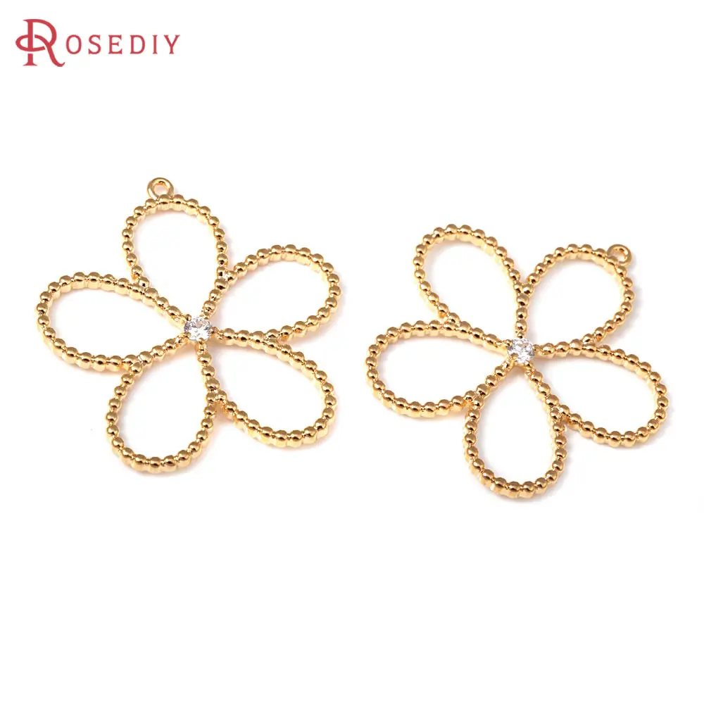 6 шт. 18-каратное золото латунь и циркон подвески в виде цветов изготовление