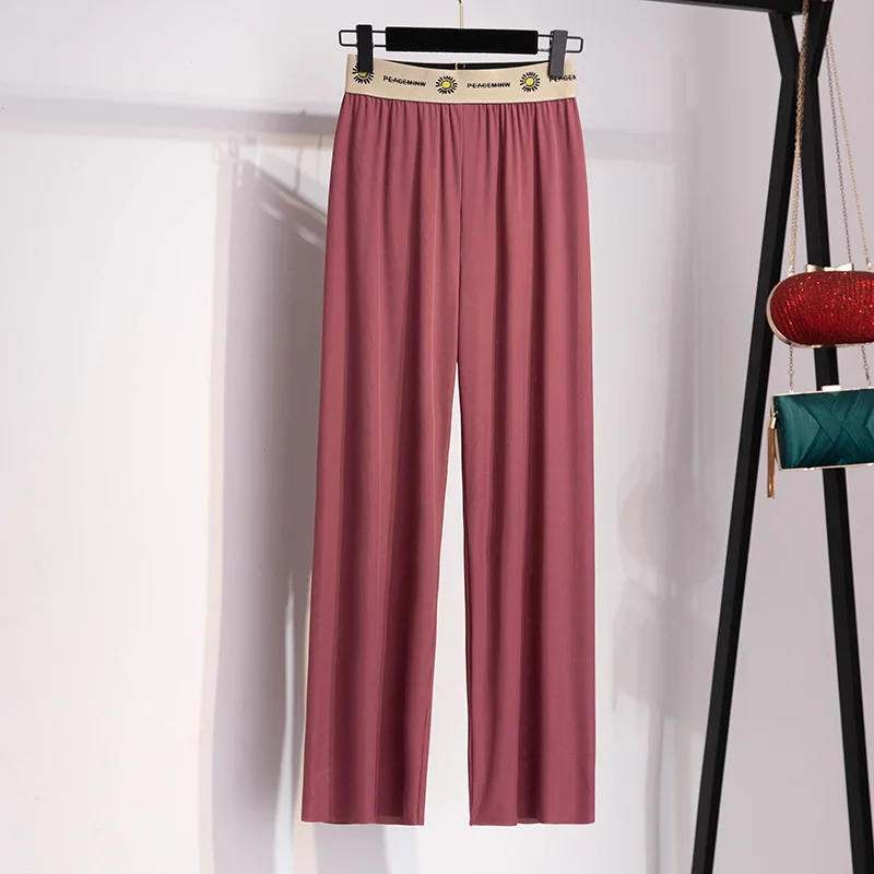 150/175kg Oversized Wide Leg Pants Women's Summer Show Thin High Waist Straight Ninth Loose Ice Silk Cool Pants 4XL 5XL 6XL