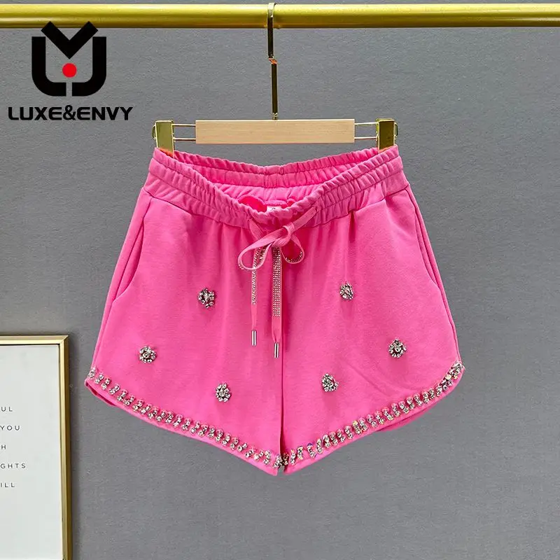 

LUXE&ENVY Diamond Studded Wide Leg Shorts For Women's 2023 New Summer High Waist Loose Fitting European Sequin Casual Pants