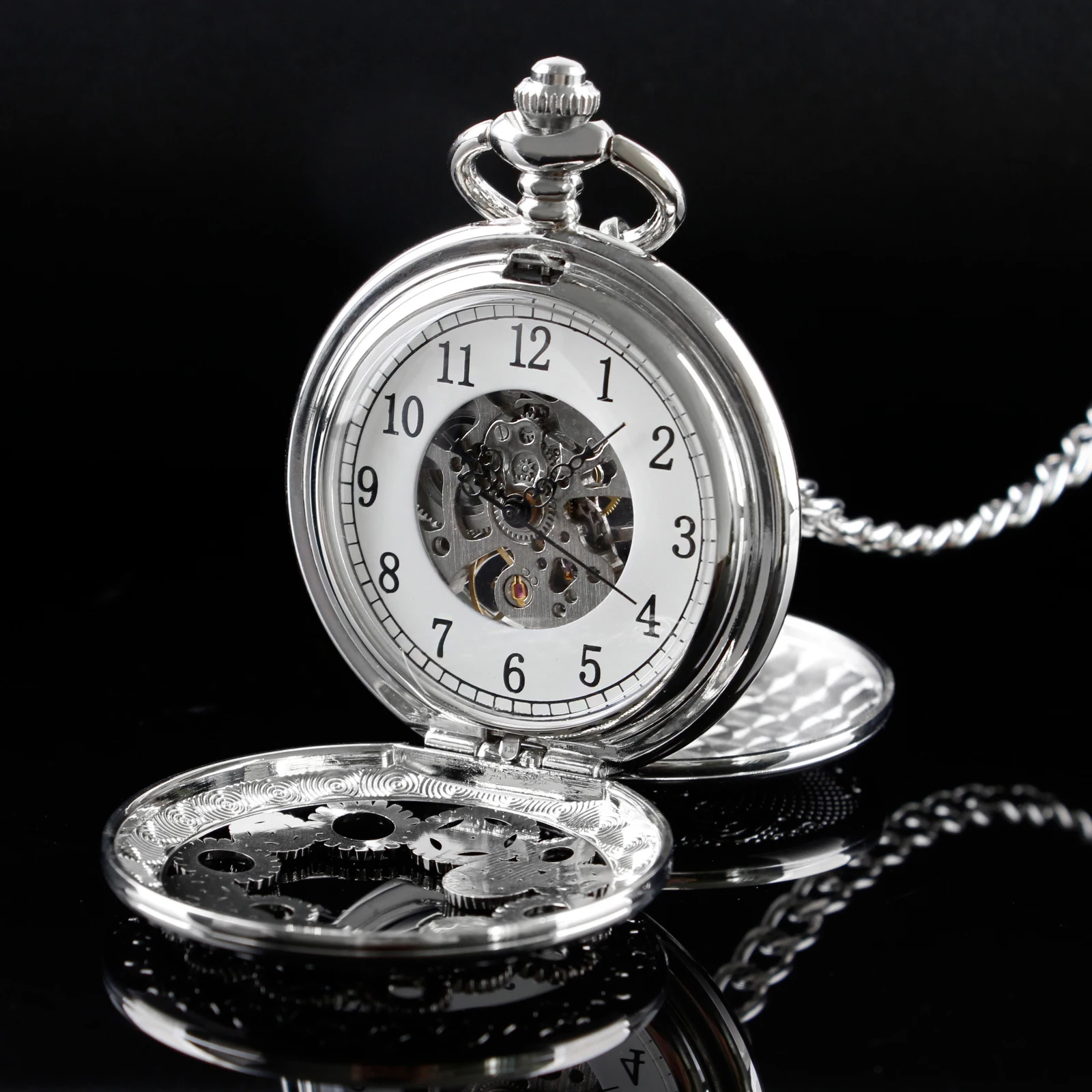Silver Hollow Gear Mechanical Pocket Watches Vintage 2 Sides Open Case Hand Wind Casual Fashion Pocket&Fob Watches Mens Women
