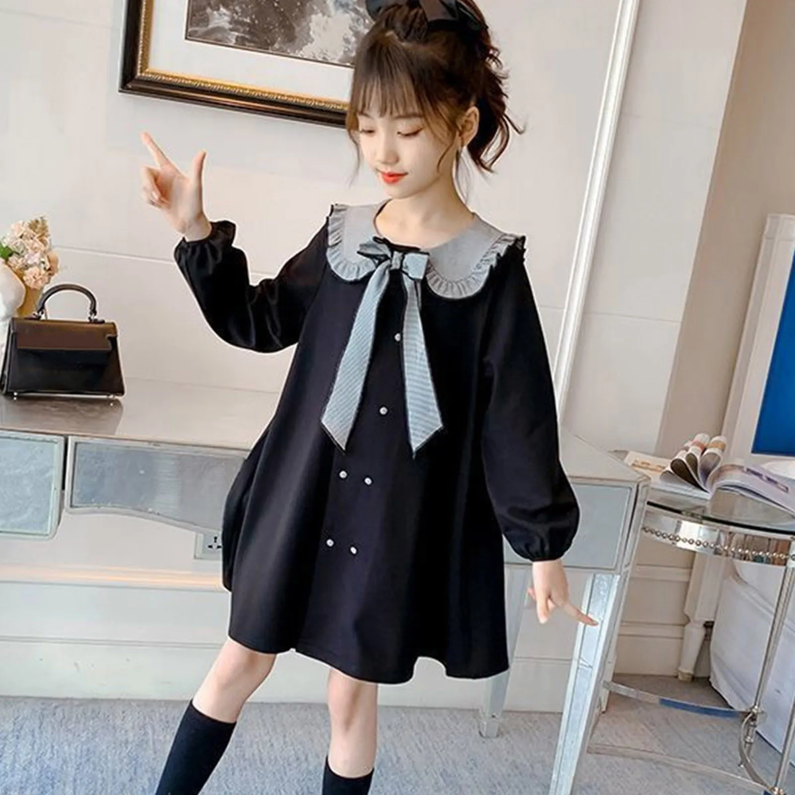 

Детское платье принцессы в клетку, с длинным рукавом и бантом