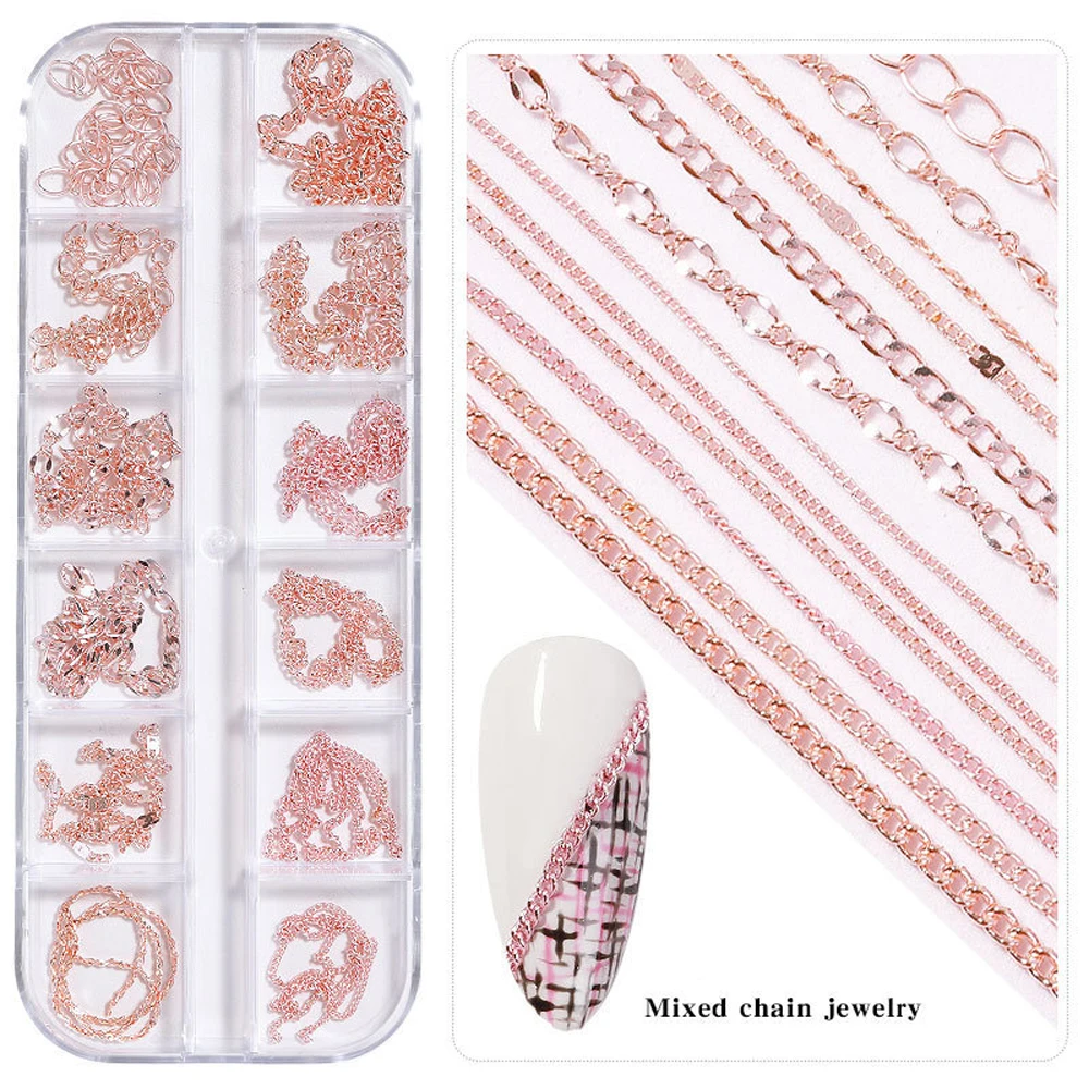 

12pcs/box Nail Chain Beads Charm Pink Fashion Metal Alloy Chain Studs Nail Jewelry Decor Luxury DIY Nail Chain Accessories