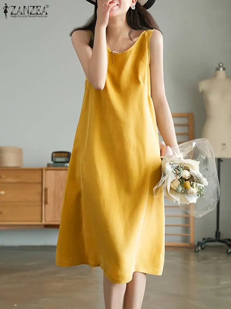 

2023 ZANZEA Women Vintage Dress Summer Sexy Sleeveless Round Neck Midi Sundress Holiday Solid Robe Casual Dresses Party Vestidos