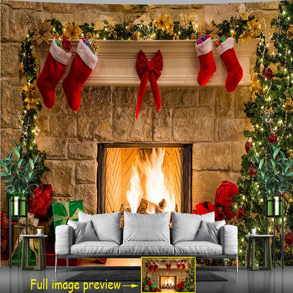 

Christmas Tapestry Snowflakes Santa Claus Winter Night Hanging Cloth Fireplace Home Decor Christmas Wall Decorations for Home