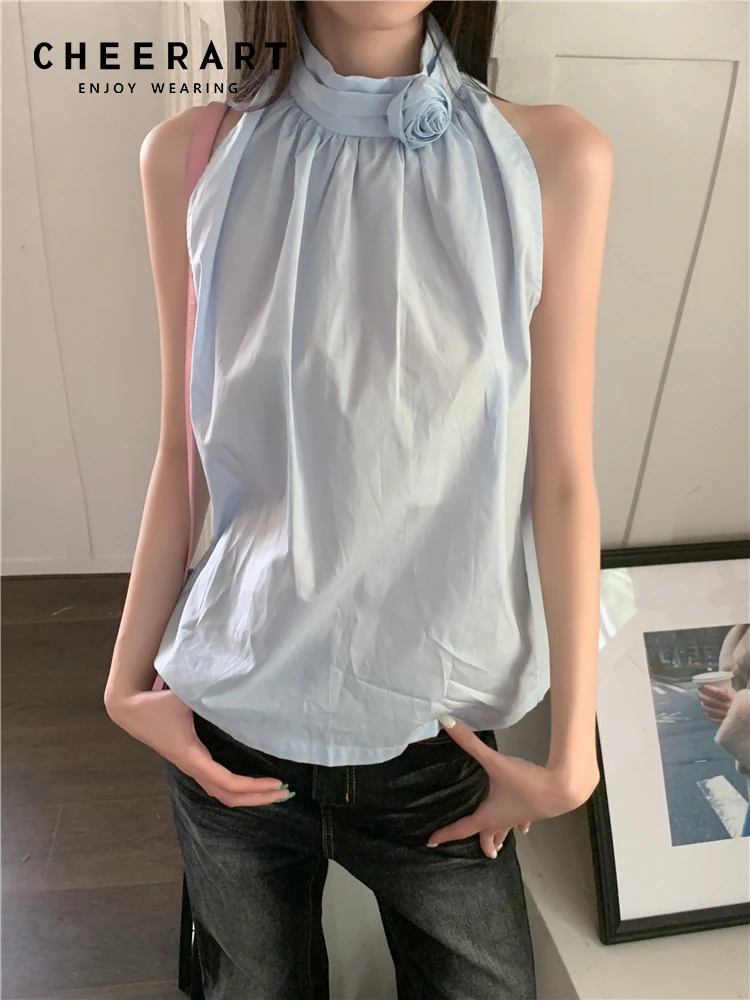 

Дизайнерский синий топ и блузка CHEERART без рукавов для женщин, модный летний топ с ложным воротником и вставками в виде роз, одежда 2023