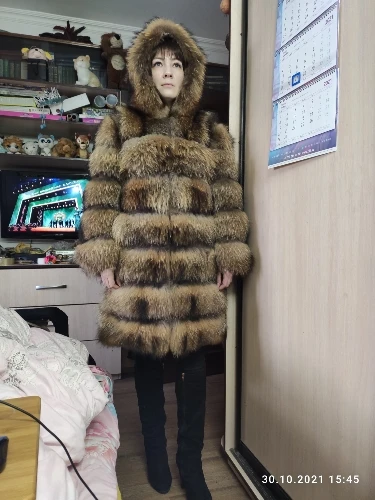 LuxuryHigh Quality Winter Real Raccoon Fur Coat Women Real Fur Jacket Long 90cm Warm Thick Genuine Fur Vest Hat Sleeve Removable enlarge