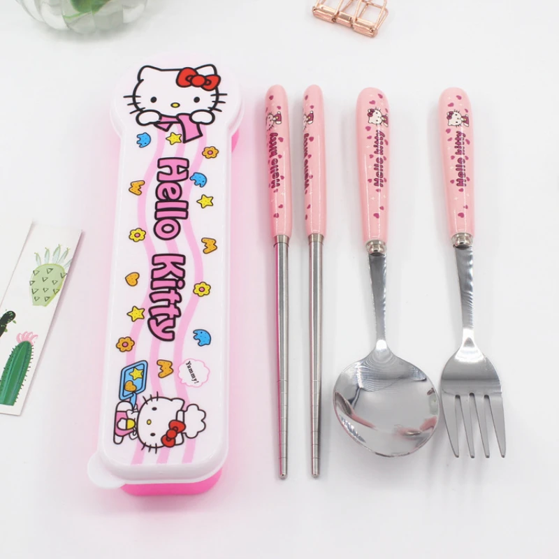

Kawaii Sanrios Hello Kitty My Melody детская посуда для студентов портативная 304 нержавеющая сталь ложка Вилка палочки для еды набор подарок