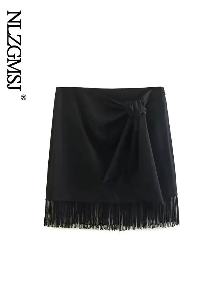 

Nlzgmsj 2022 Women Fashion With Knot Tied Tassel Pleated Mini Skirt Vintage High Waist Back Zipper Female Skirts Mujer