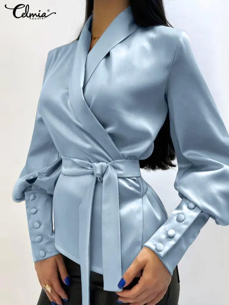 Celmia Elegant Party Tops 2022 Fashion Puff Long Sleeve Lapel Glossy Tunic Women Haut Vintage Solid Blouses Bandage Wrap Shirts